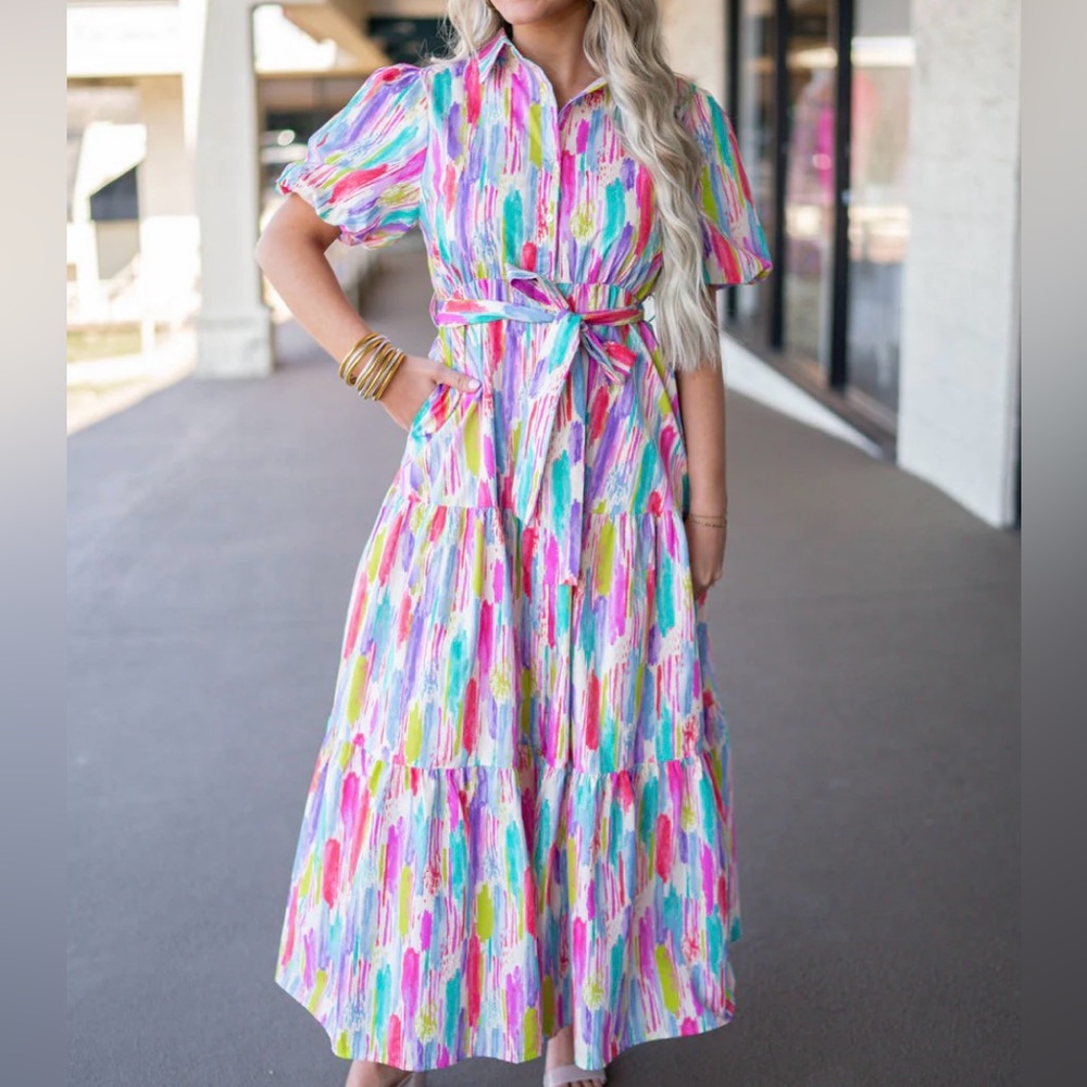 NEW Peach Love California Poplin Puff Sleeve Pastel Brushstrokes Maxi Dress Sz L